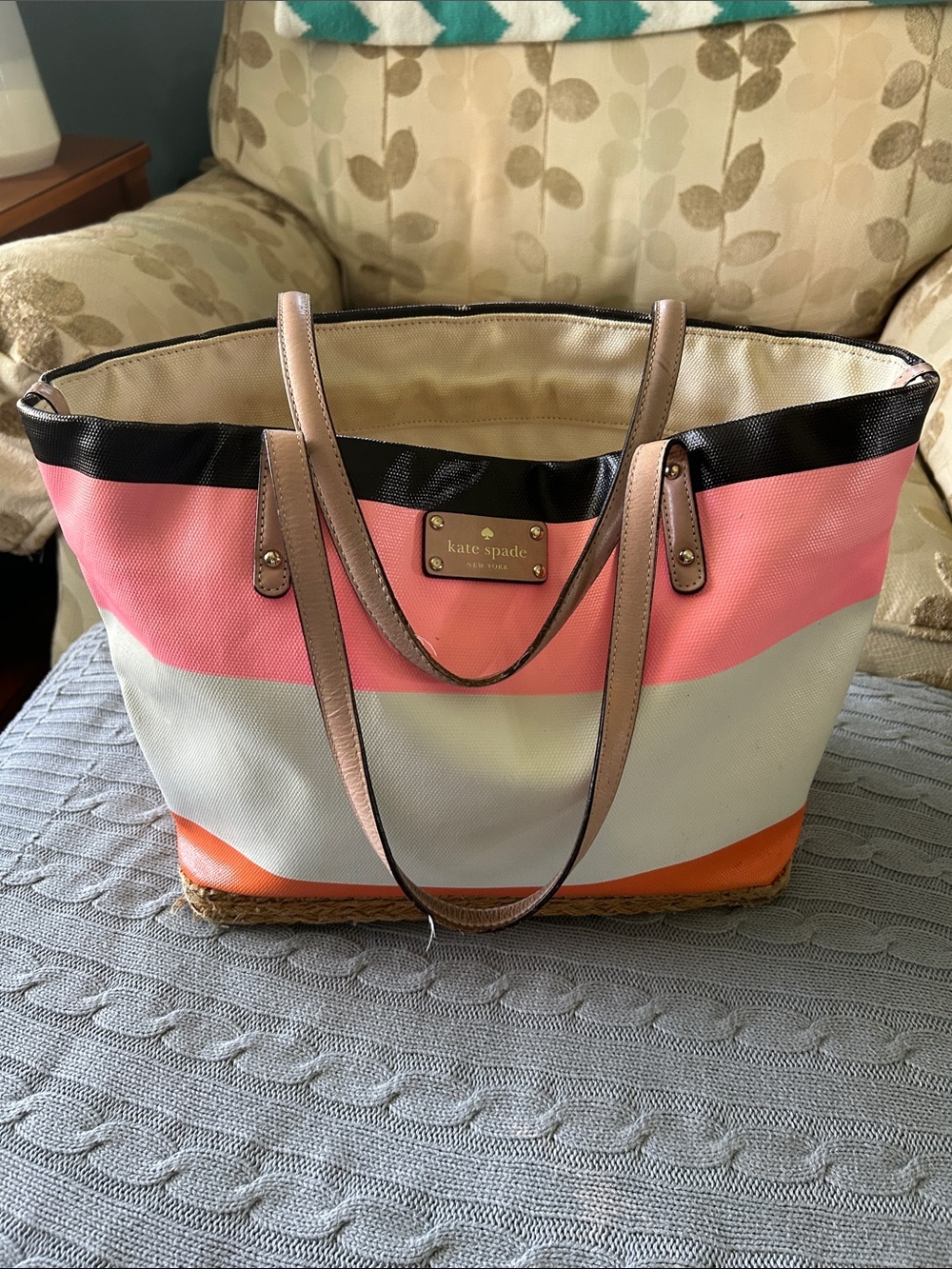 kate spade Pink, Cream & Orange Striped Tote with Tan Handles